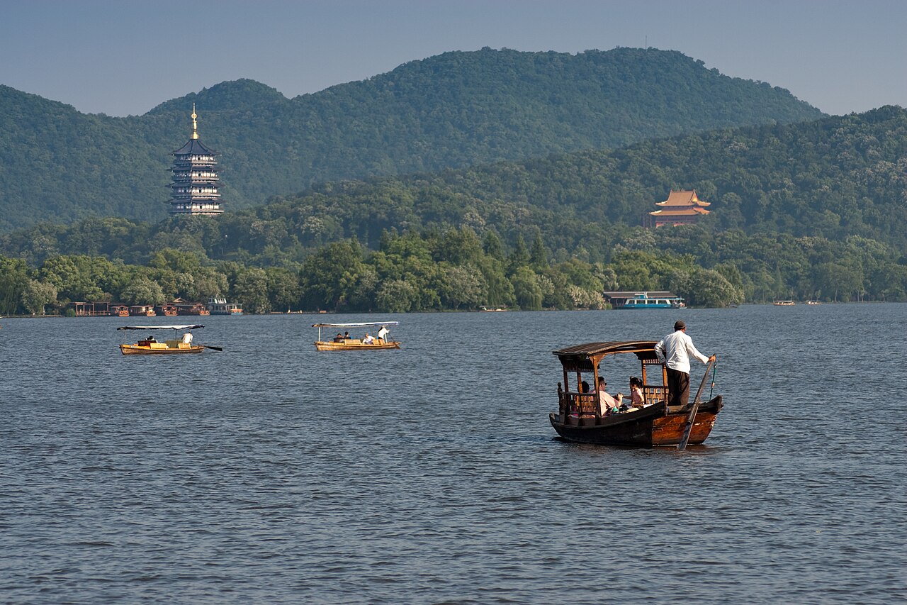 Leifeng Pagoda seen across West Lake in Hangzhou